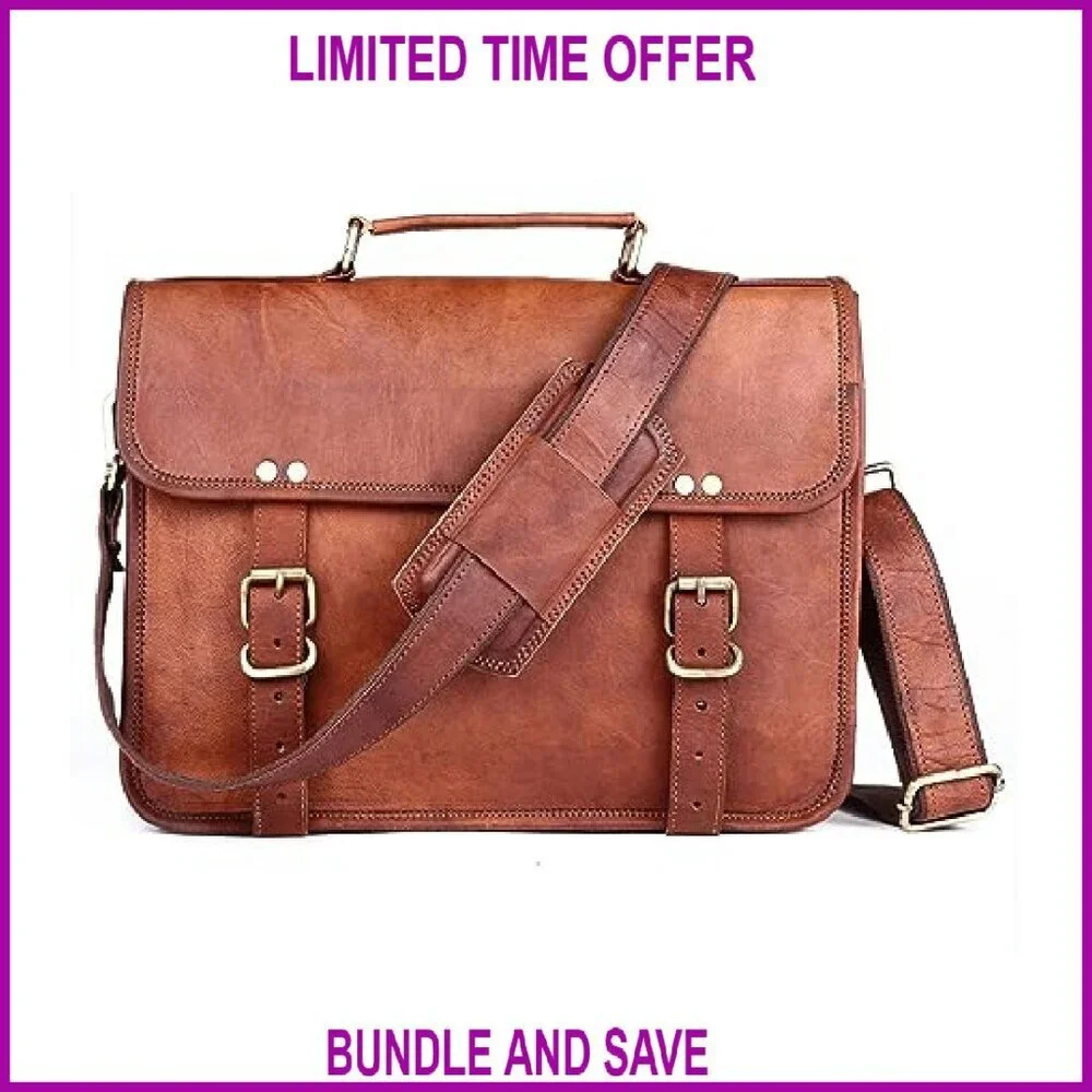 14 Inch Genuine Leather Messenger Bag Laptop Briefcase Adjustable Strap